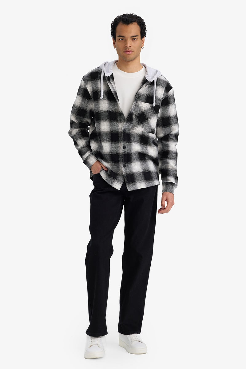 DeFacto Black Man Relax Fit Hooded Flannel Long Sleeve Shirt Casual - Image 2
